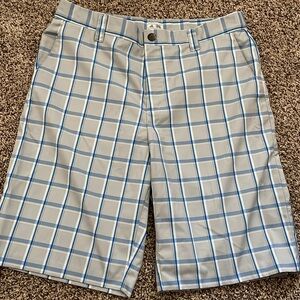 💥 Adidas Men's SZ:32 Blue & gray Plaid Shorts w Adidas logo 4 functional pockets